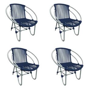 Kit 4 Cadeiras Decorativa Julia Em Corda Náutica E Base Em Alumínio Cinza- Azul Marinho - Cor: Azul