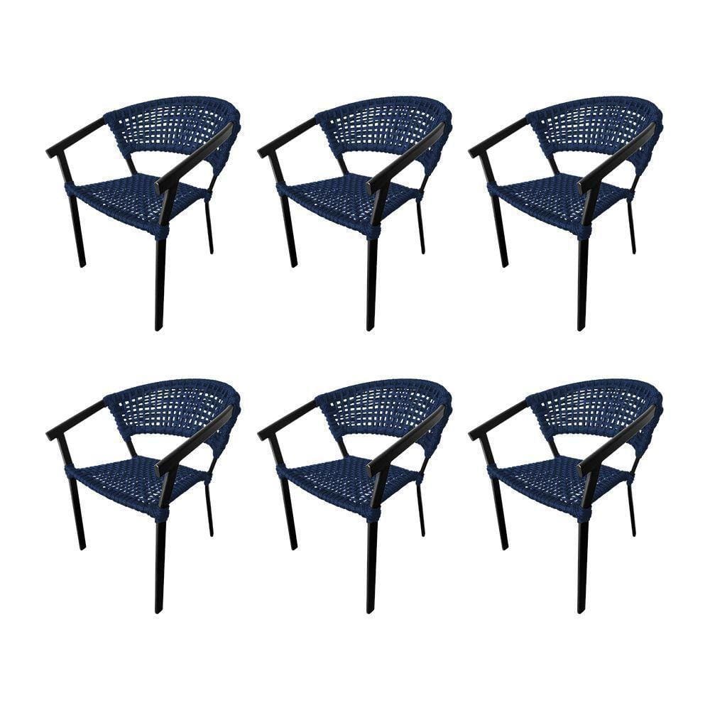 Kit 6 Cadeiras Sofia Corda Náutica Base Em Alumínio Preto-azul Marinho - Cor: Azul