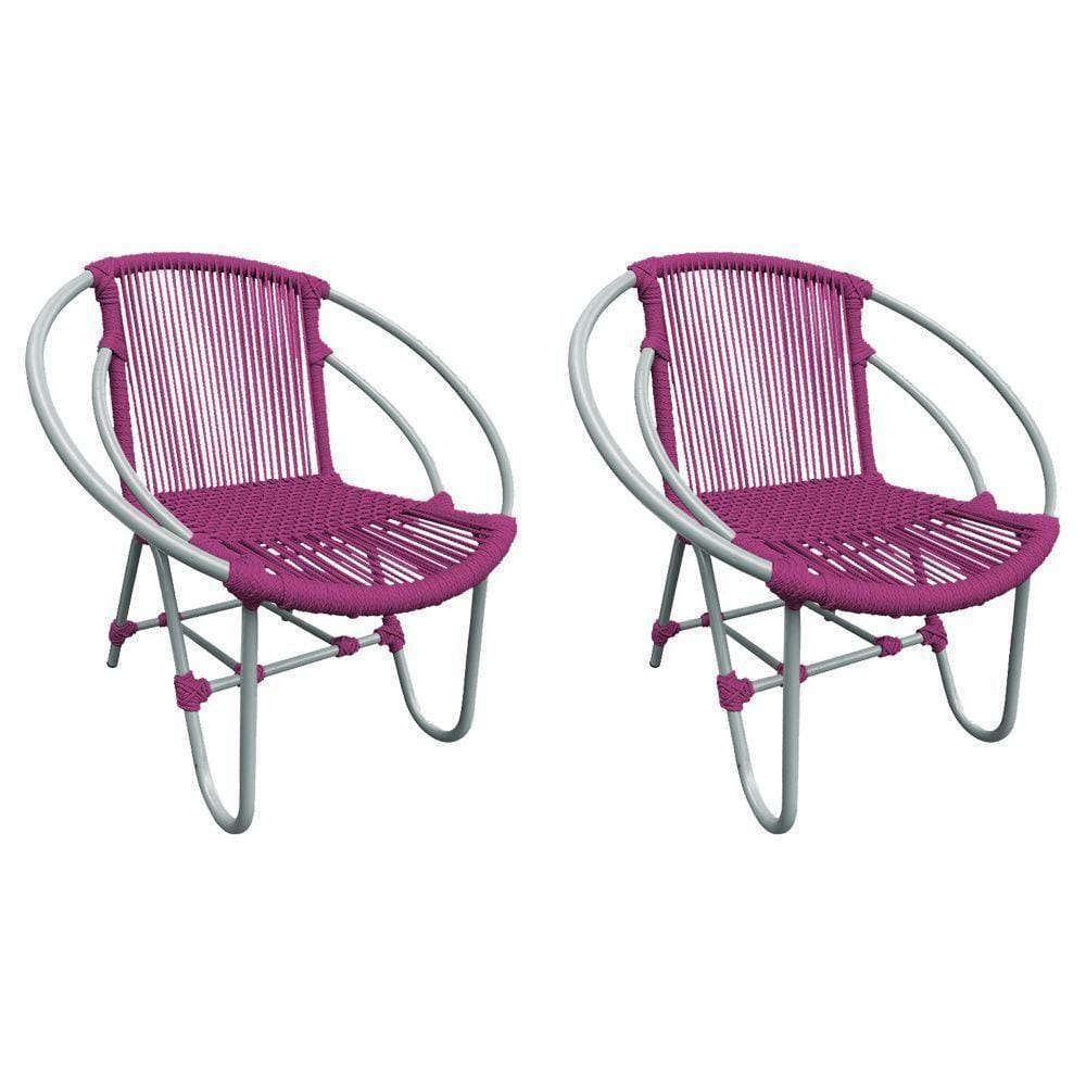Kit 2 Cadeiras Decorativa Julia Em Corda Náutica E Base Em Alumínio Cinza- Rosa - Cor: Rosa