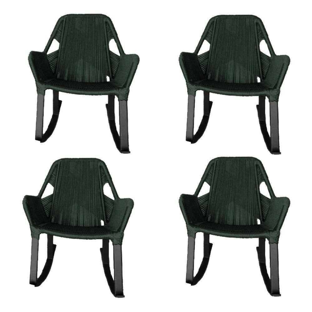 Kit 4 Cadeiras De Balanço Athenas Corda Náutica Base Em Alumínio Preto-verde Musgo - Cor: Verde