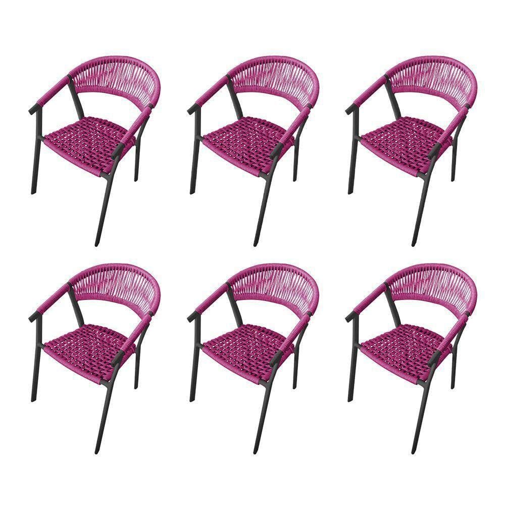 Kit 6 Cadeiras Decorativa Joana Em Corda Náutica E Base Em Alumínio Preta- Rosa - Cor: Rosa