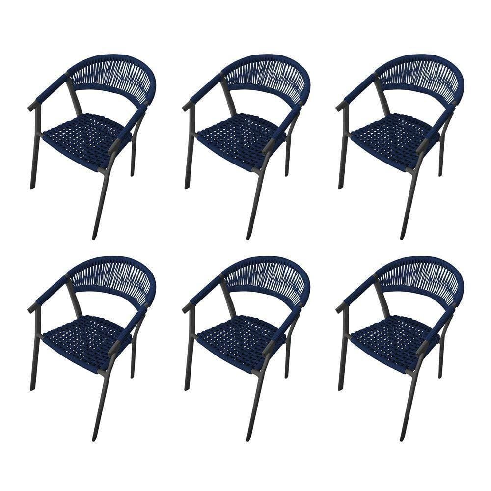 Kit 6 Cadeiras Decorativa Joana Em Corda Náutica E Base Em Alumínio Preta- Azul Marinho - Cor: Azul