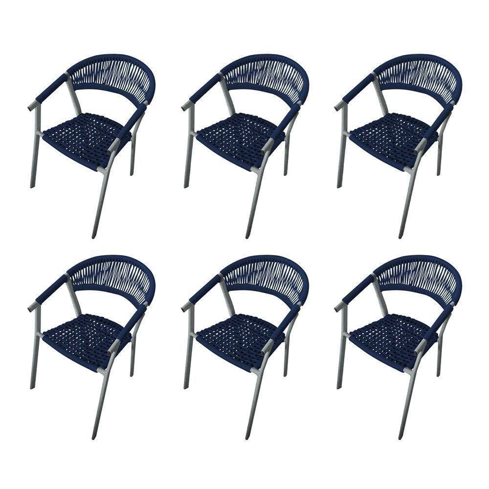 Kit 6 Cadeiras Decorativa Joana Em Corda Náutica E Base Em Alumínio Cinza- Azul Marinho - Cor: Azul