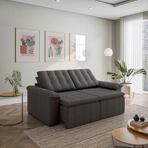 Sofá Cama 3 Lugares Retrátil Reclinável 200cm Linho com Molas Palmeira CabeCasa MadeiraMadeira Cinza