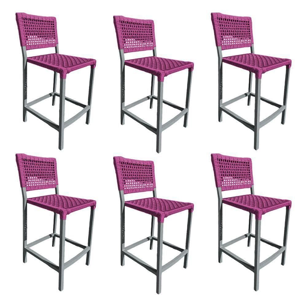 Kit 6 Banquetas França Em Corda Náutica E Base Em Alumínio Cinza Para área Gourmet Rosa - Cor: Rosa
