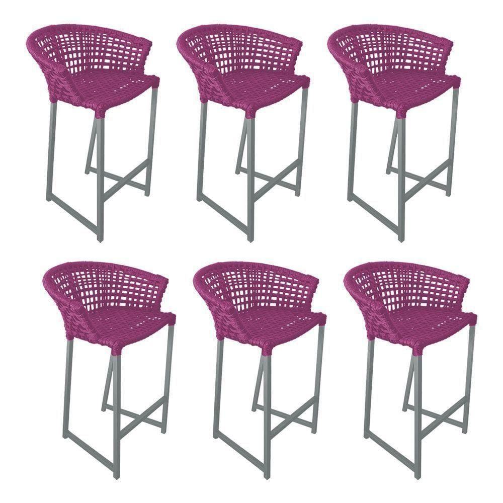 Kit 6 Banquetas Reis Em Corda Náutica E Base Em Alumínio Cinza Para área Gourmet Externa Rosa Rosa