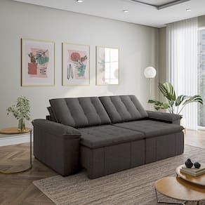 Sofá Cama Palmeira 3 Lugares Retrátil Reclinável 2,20m Linho com Molas CabeCasa MadeiraMadeira Cinza