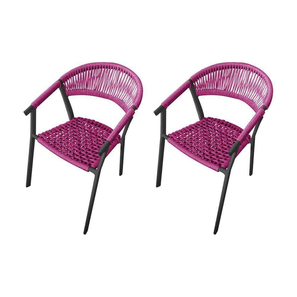 Kit 2 Cadeiras Decorativa Joana Em Corda Náutica E Base Em Alumínio Preta - Rosa - Cor: Rosa