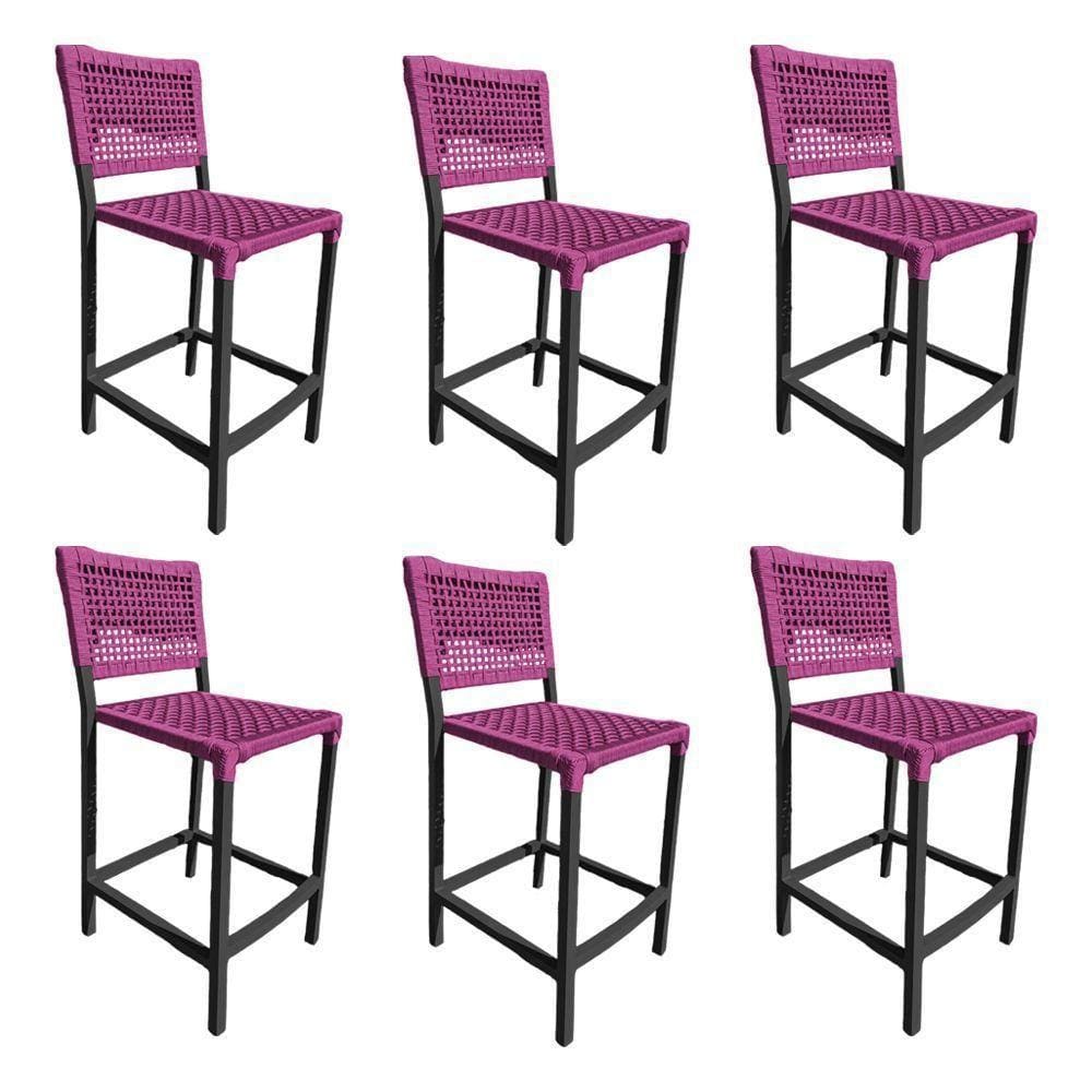 Kit 6 Banquetas França Em Corda Náutica E Base Em Alumínio Preta Para área Gourmet Rosa - Cor: Rosa