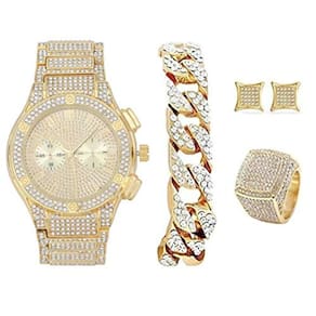 Conjunto de relógios e joias de hip hop iluminados com pulseira cubana, brincos e anel Kite Bling - dourado