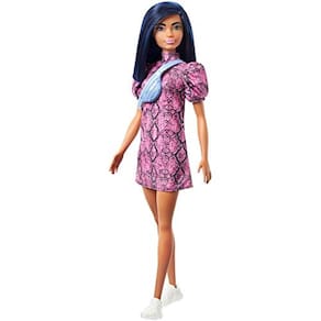 Boneca Fashionistas 143, cabelo azul, vestido rosa e preto, tênis e bolsa brancos (crianças de 3 a 8 anos)