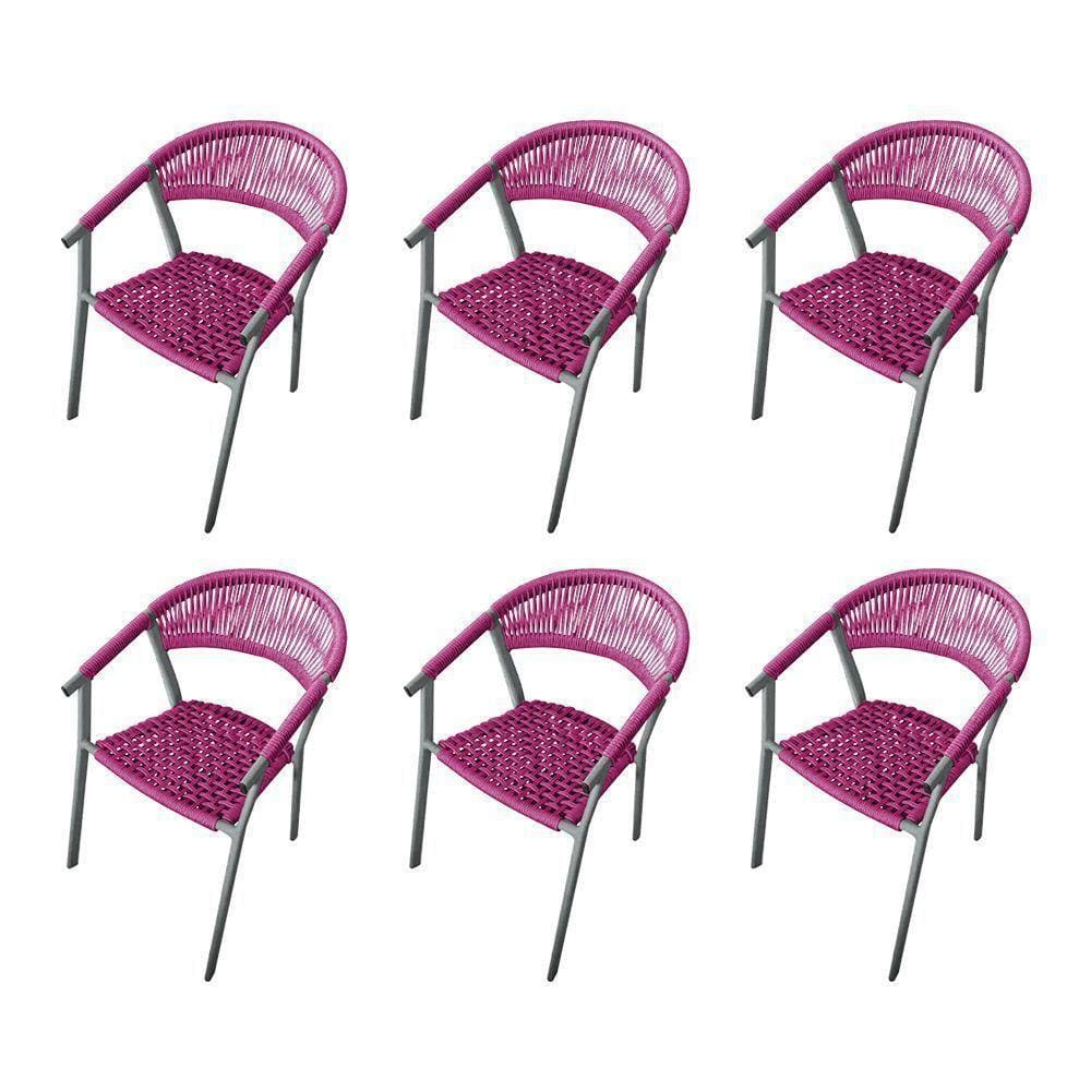 Kit 6 Cadeiras Decorativa Joana Em Corda Náutica E Base Em Alumínio Cinza- Rosa - Cor: Rosa