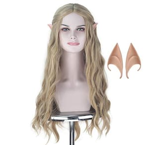 Peruca longa ondulada de cabelo loiro acinzentado para cosplay com orelhas de elfo e festa de Halloween