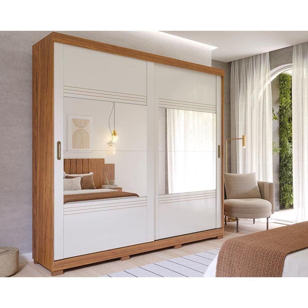 Guarda Roupa 2 Portas De Correr E 4 Gavetas Ec- 2 Espelhos E Pés Blumenau Cinamomo-off White - Panan
