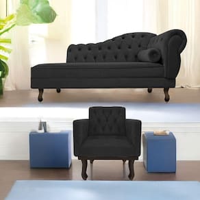Kit Diva Recamier Diana 140cm Lado Esquerdo e 01 Poltrona Classic Linho Cinza Escuro