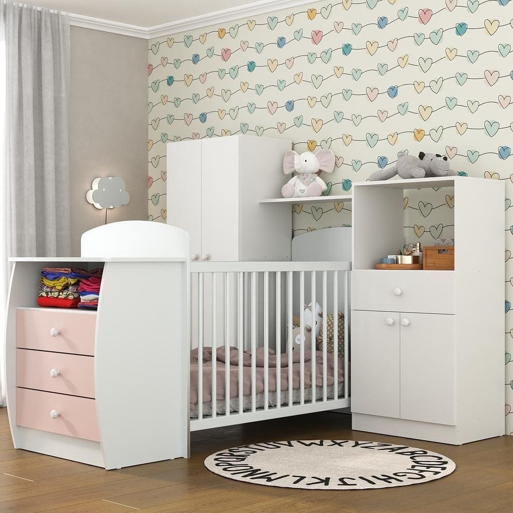 Quarto Infantil Com Berço-cômoda Laura Branco/rosa