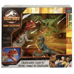 Conjunto Camp Cretaceous Ceratosaurus Clash com Ceratossauro e 2 Velociraptores