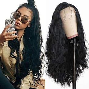 Perucas compridas de renda de cabelo preto, soltas, onduladas, resistentes ao calor, sintéticas, com renda frontal para mulheres negras