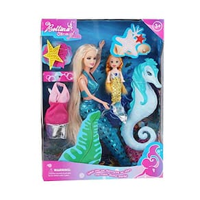 Conjunto de brinquedos Mermaid Doll & Seahorse | Presentes de sereia para meninas | Crianças de 3 a 7 anos