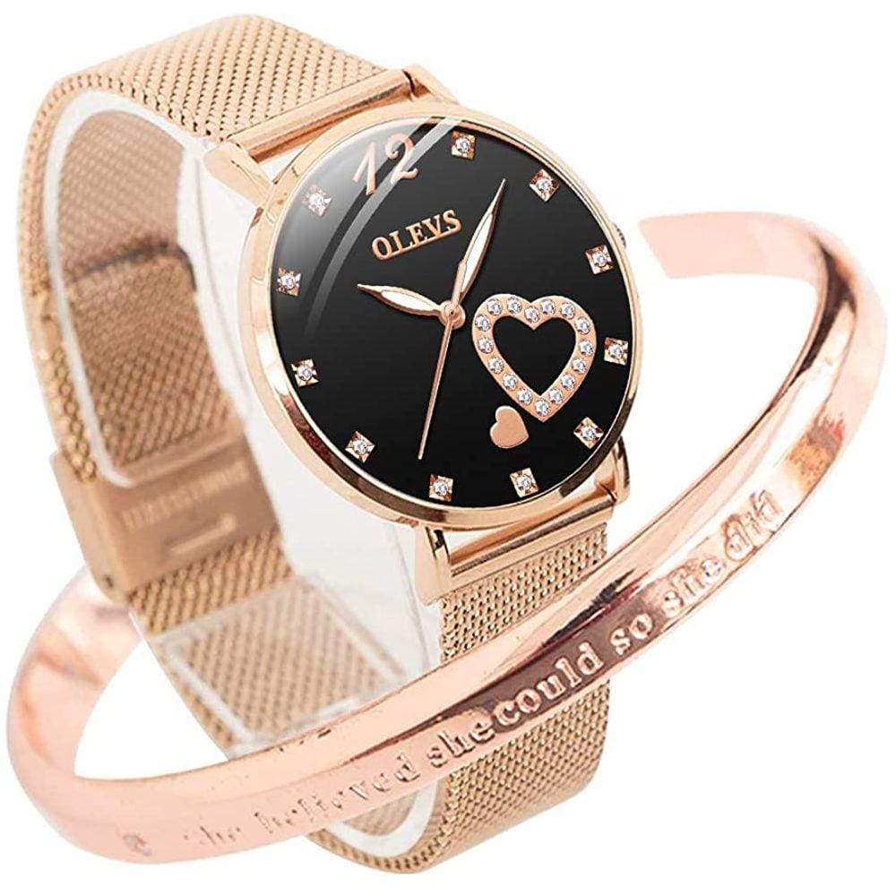Conjunto de relógios luminosos impermeáveis à prova d`água de quartzo OLEVS com pulseira de malha de ouro rosa