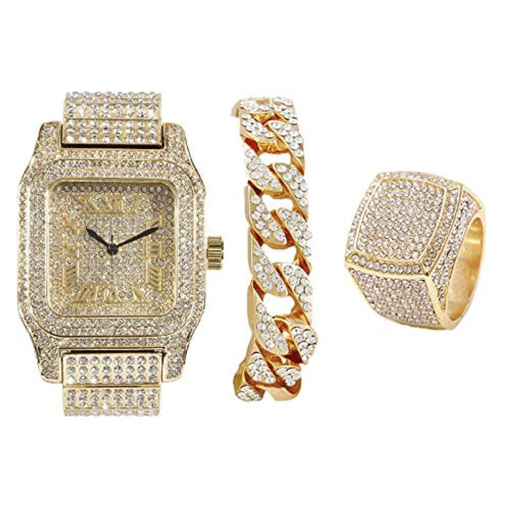 Relógio quadrado de hip hop brilhante com conjunto de pulseira e anel