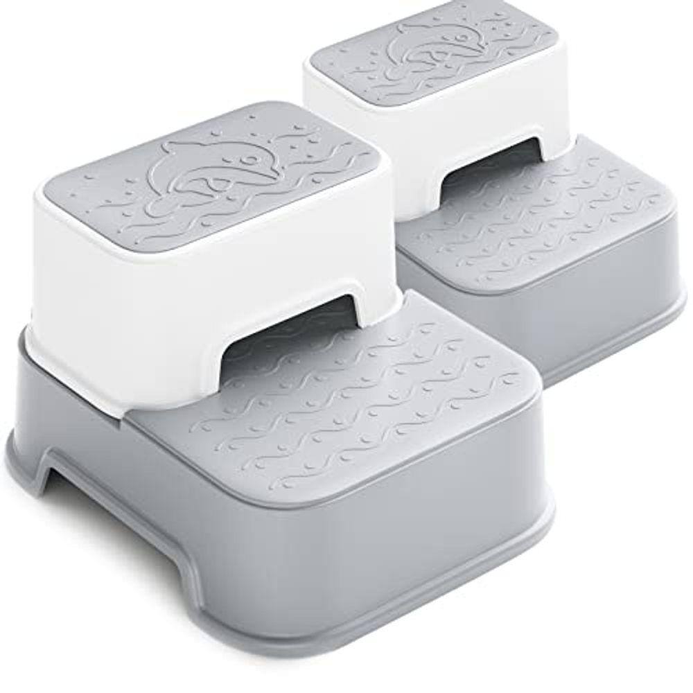Banquinho para crianças, para treinamento, antiderrapante, com dois degraus, cinza