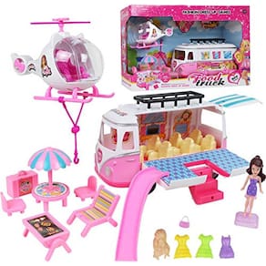 Conjunto de brinquedos Toy Camper para meninas, RV Van, helicóptero, boneca de 90 cm, de 3 a 8 anos