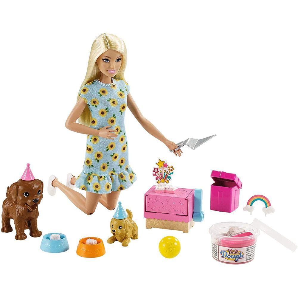 Conjunto de brinquedos de festa para bonecas e cachorros Barbie com 2 filhotes, massa, molde para bolo e acessórios