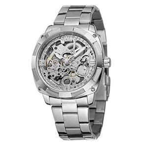 Relógio de pulso mecânico automático prateado masculino com pulseira de aço inoxidável