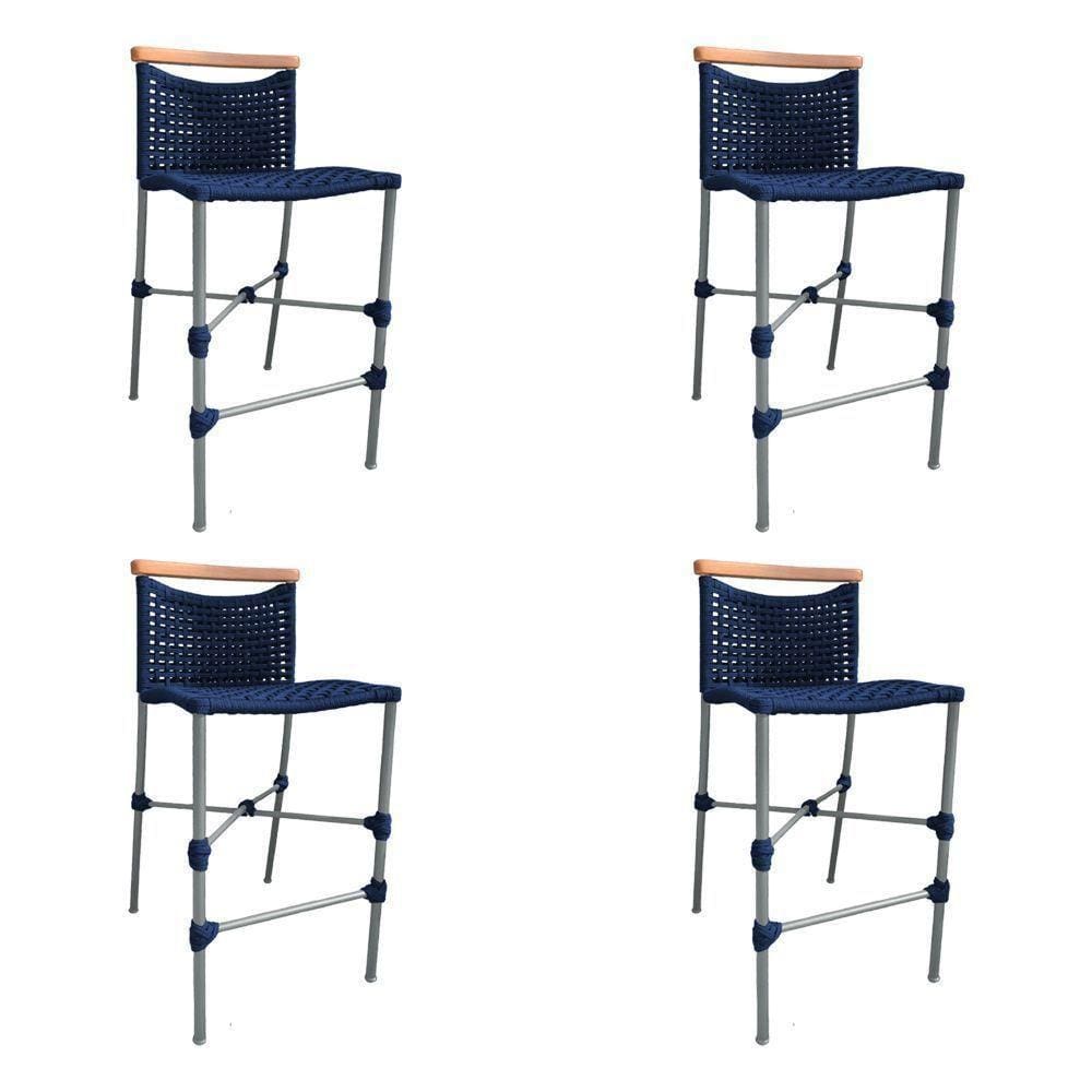 Kit 4 Banquetas Em Corda Náutica Base Em Alumínio Cinza Com Detalhe Em Madeira Azul Marinho Azul