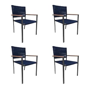 Kit 4 Cadeiras Piracicaba Corda Náutica Braço Com Detalhe Em Madeira Base Alumínio Preto-azul Marinh