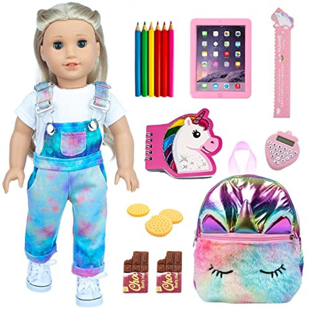 Conjunto de material escolar American Doll para bonecas de 18" - roupas, bolsa, lápis, régua