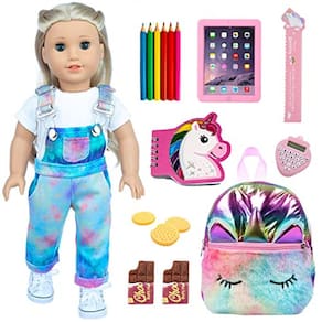 Conjunto de material escolar American Doll para bonecas de 18" - roupas, bolsa, lápis, régua