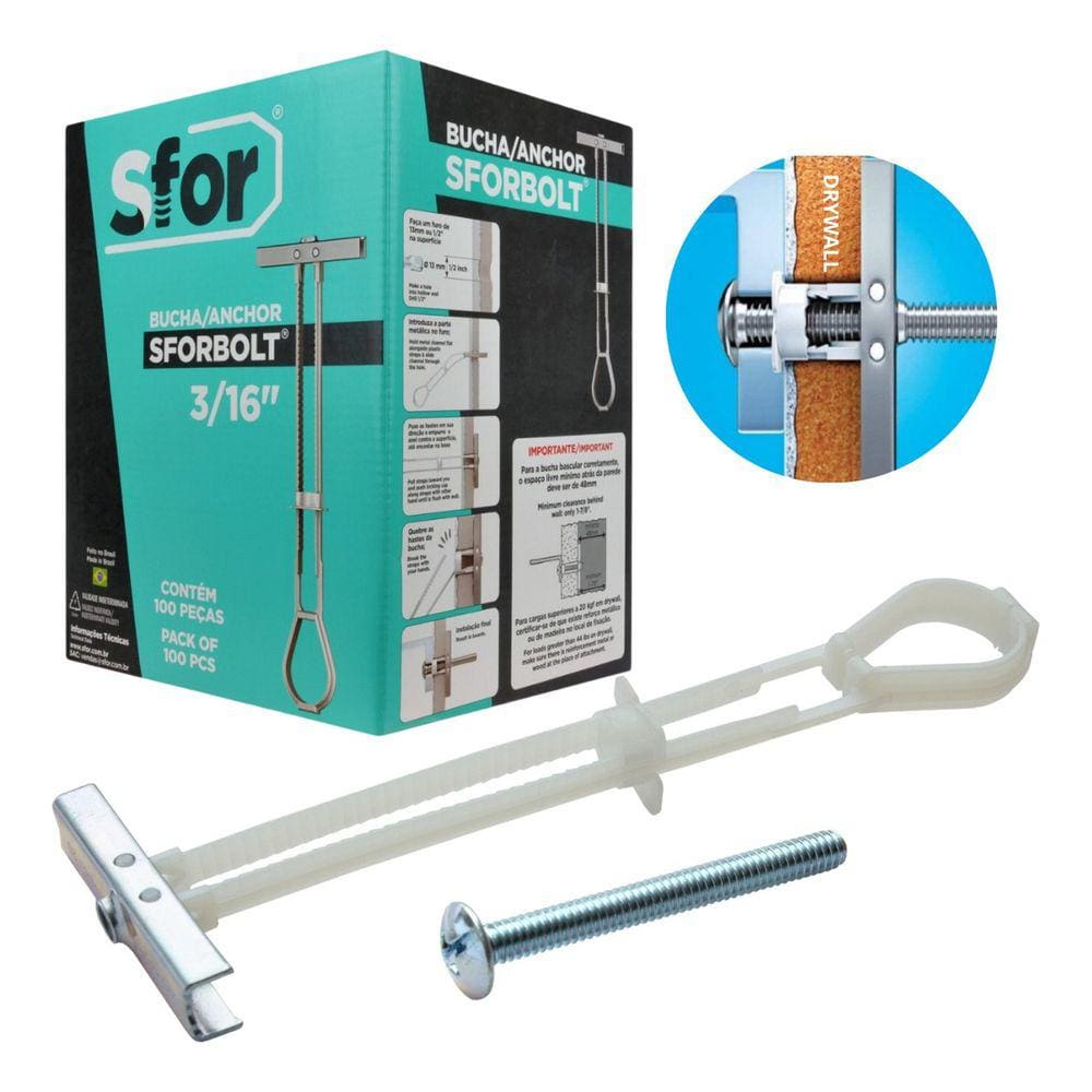 Kit Bucha Parafuso Para Gesso Drywall 3/16 Sforbolt Cx C/ 100 Peças