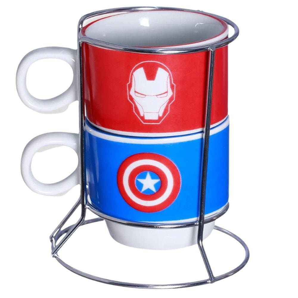 Vingadores Torre Com 2 Canecas Porcelana + Suporte Metal Homem De Ferro E Capitão América Oficial Marvel