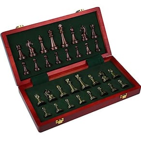 Conjunto de xadrez de madeira de 12", peças de metal, tabuleiro dobrável