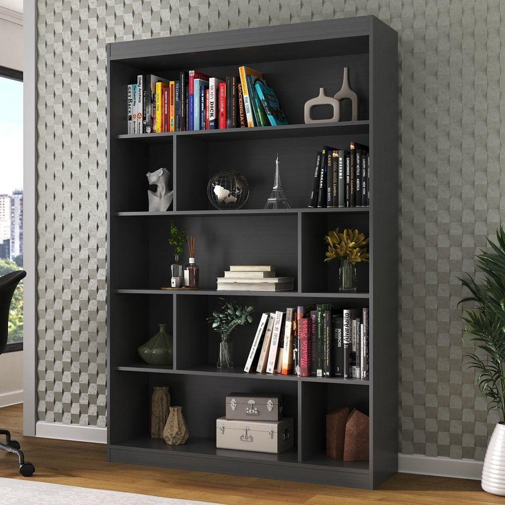 Estante para Livros 4 Prateleiras 9 Nichos Home Office Espresso Móveis Grafite