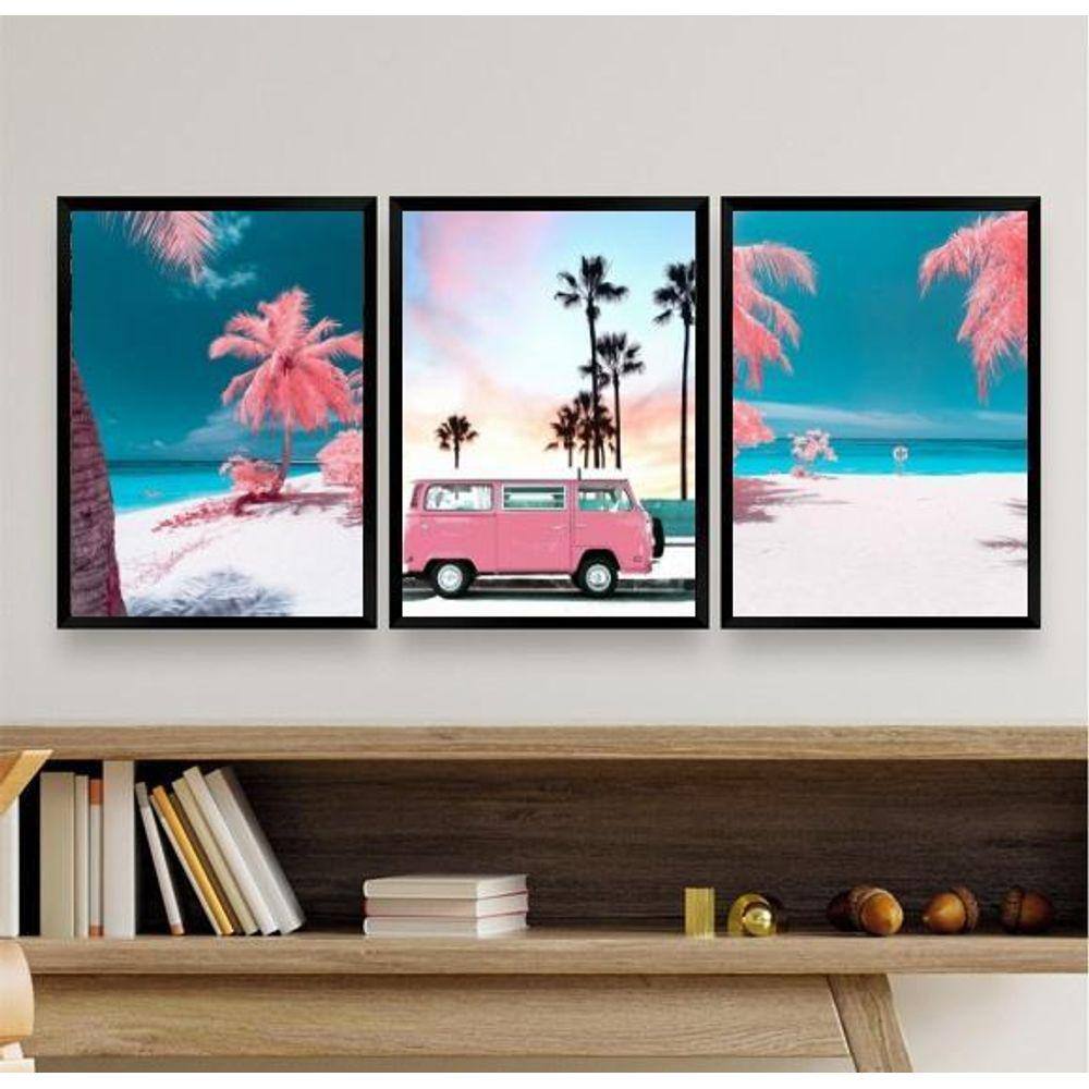 Kit 3 Quadros Praia Kombi Rosa 33x24cm - Vidro Preto