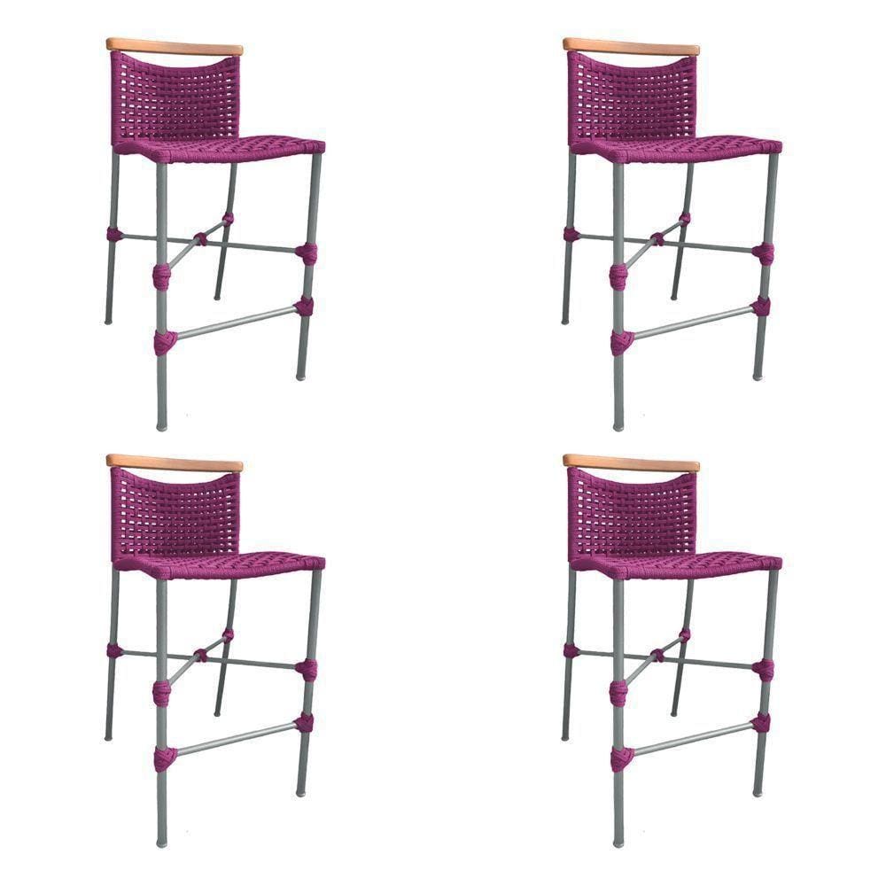 Kit 4 Banquetas Anne Em Corda Náutica Base Em Alumínio Cinza Com Detalhe Em Madeira Rosa - Cor: Rosa