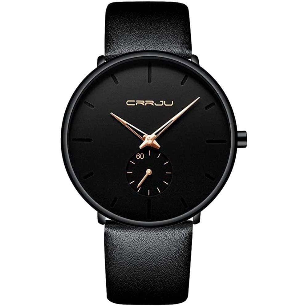 Relógio de pulso minimalista à prova d`água para homens, vestido com pulseira de couro