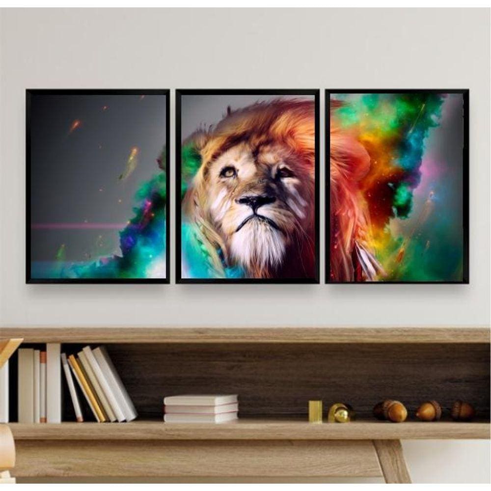 Kit 3 Quadros Decorativos Leão Juba 24x18cm - com Vidro