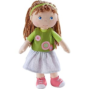 Boneca Hedda Soft, cabelo castanho, olhos azuis, rosto bordado, mais de 18 meses
