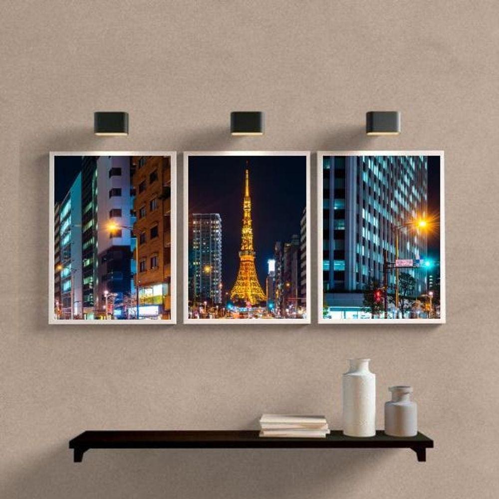 Kit 3 Quadros Paris Noturna 24x18cm - Vidro e Moldura Branca
