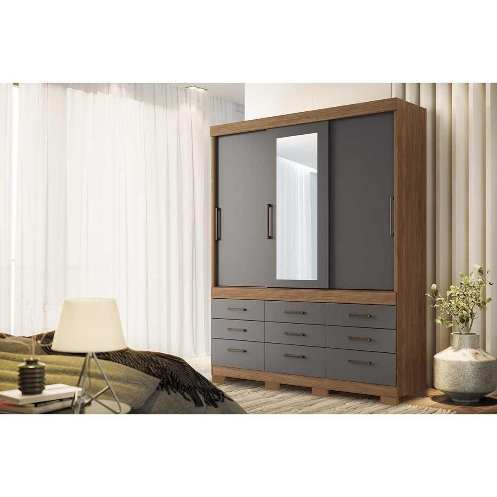 Guarda Roupa 3 Portas De Correr E 9 Gavetas C- Espelho E Pés Click 3.9 Jatoba-grafitteSantos Andirá