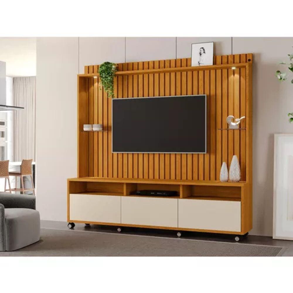 Estante Home Ripado Para Tv Até 65 Polegadas -3 Gavetas e Nicho com Leds -Rodizio -Carmolar -NATURALE/OFF-WHITE