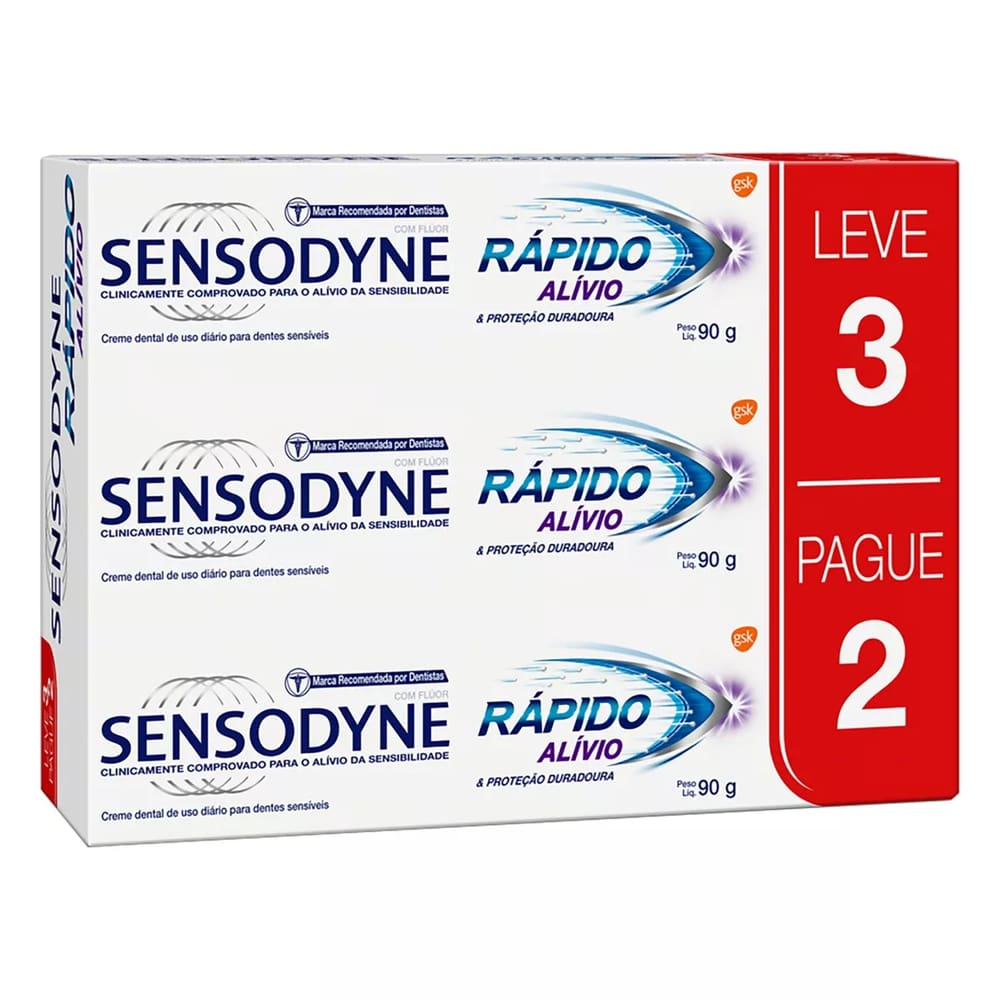 Pasta De Dentes Sensodyne Rápido Alívio e Proteção Duradoura Em Creme Sem Glúten Pacote X 3 270 G