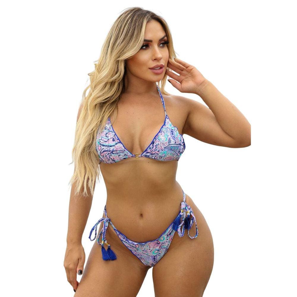 Biquíni Azul com Estampa Maravilhosa Calcinha De Amarrar Empina Bumbum