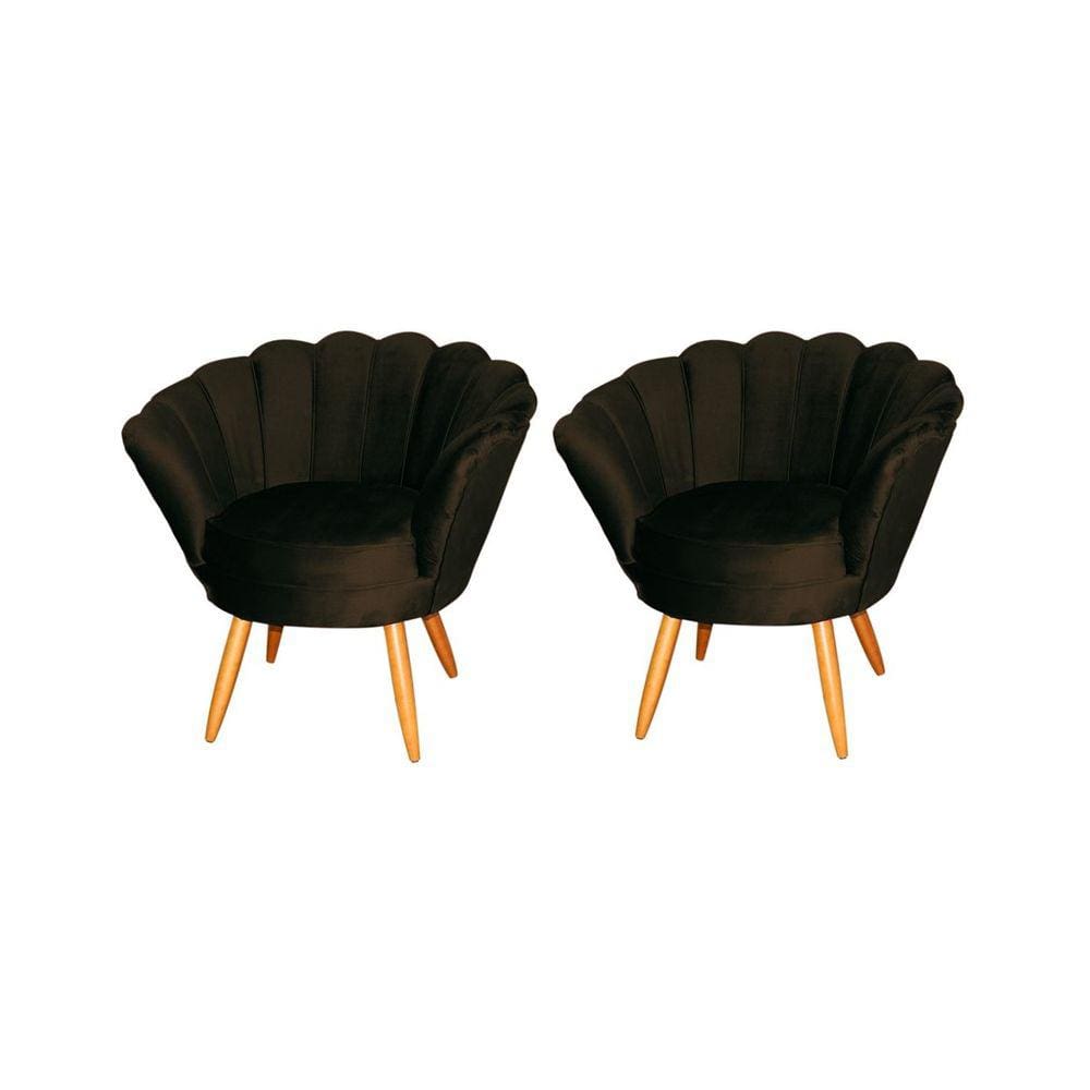 Kit 2 Poltronas Decorativa Pétala Veludo Marrom Pés Madeira Ms Decor