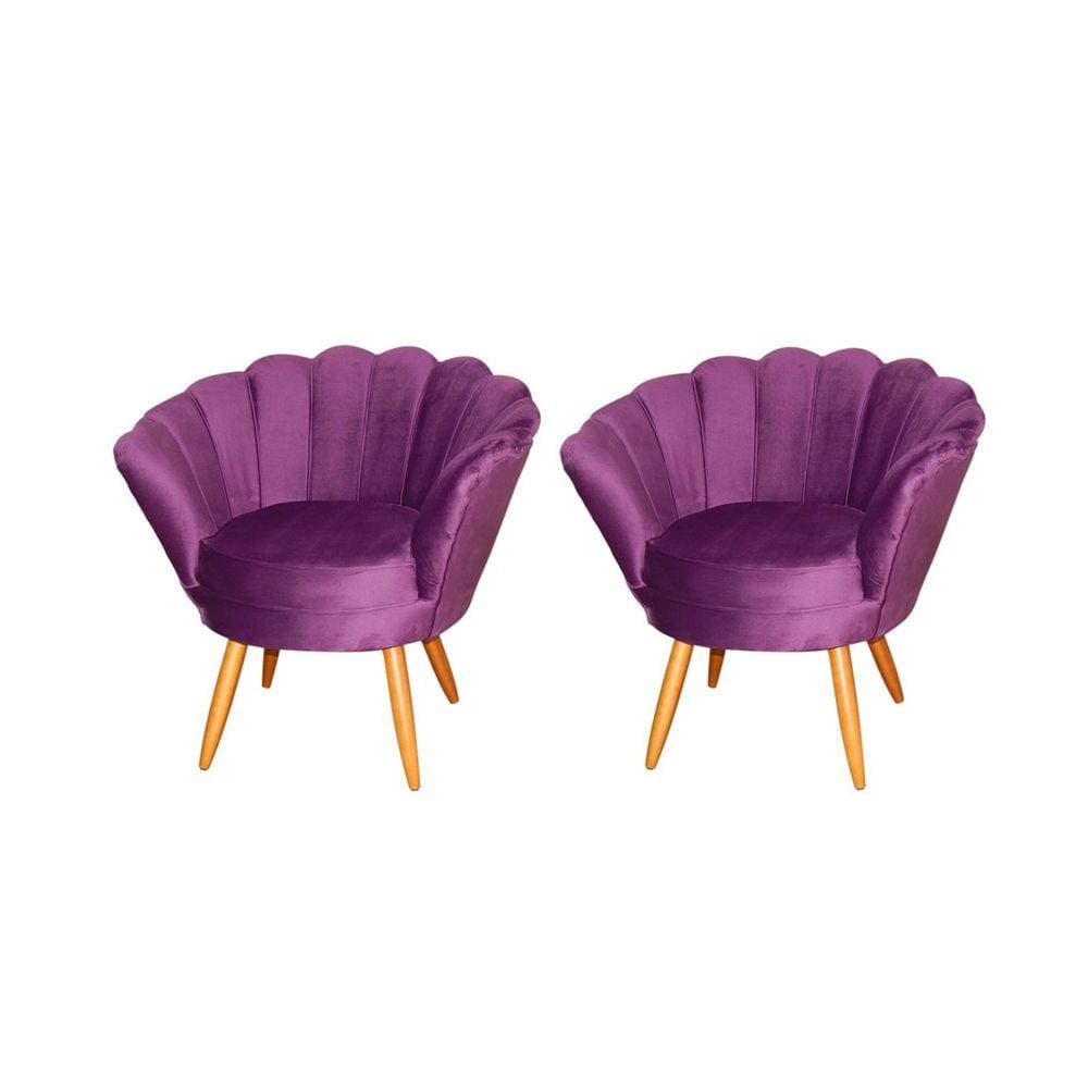Kit 2 Poltronas Decorativa Pétala Veludo Roxo Pés Madeira Ms Decor