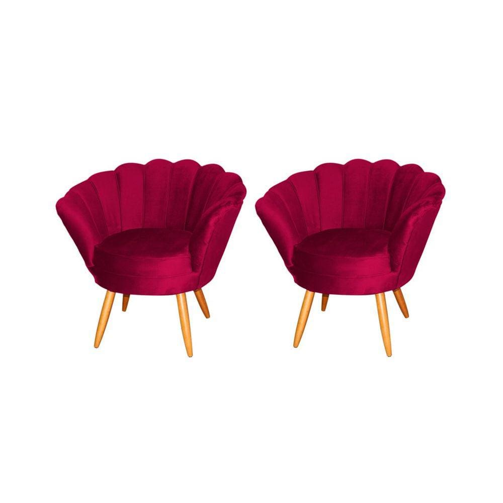 Kit 2 Poltronas Decorativa Pétala Veludo Vermelho Pés Madeira Ms Decor